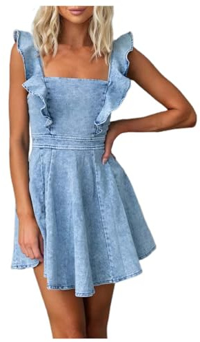 Sommarmode Jeansklänning for Kvinnor Casual Flytande Ärmar Jeans Med Öppen Rygg