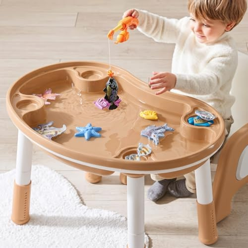 GAPPA Mesa y Silla Infantil 5en1: niños 3-8 años, Altura Regulable. Contenedor de Agua y Arena, Tablero Reversible para Bloques y Dibujo, 2 cajones (Beige)