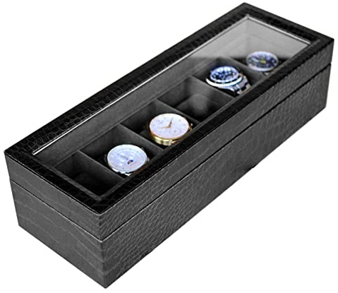 CASE ELEGANCE Scatola per orologi in finta pelle, texture di coccodrillo, cofanetto per orologi uomo/donna, scatola portaoggetti per orologi, organizer con coperchio in vetro, 6 scomparti