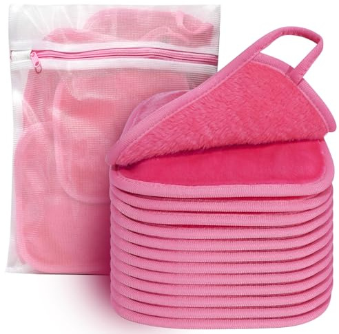 KODAMO Makeup Remover Cloth, Reusable Makeup Remover Pads Washable Travel Bag, Microfiber Makeup Removal Face Wash Cloths with Just Water, Gentle Soft,12 Pack, Pink