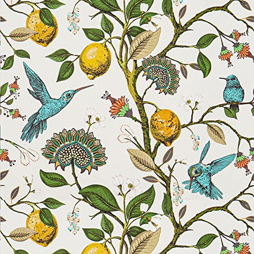 VaryPaper Papel Pintado Flores y Pajaros Vintage Papel Adhesivo Tropical Hojas Verdes Limón Amarillo Acuarela Fotomurales Decorativos Pared Papel de Pared Decorativo Salon Papel Tapiz Cocina 45cm×3m