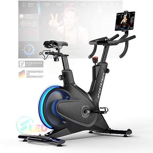 Sportstech - sBike Lite Bicicleta Estatica con Luces, Inteligente Bici Estatica con Manillar Multifunción, Bicicletas Estaticas con Soporte de Pantalla Giratorio, Compatible con App Bicicleta Estática