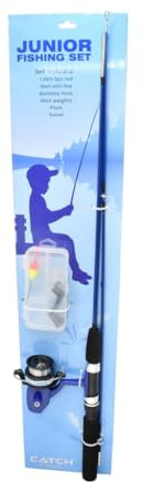 Catch Fishing Junior Fishing Set, 1.35m Two Piece Rod with Reel, Barbless Hooks, Shot Weights, Float, Swivel, Complete Starter Kit for Young Anglers, Blue (blue)