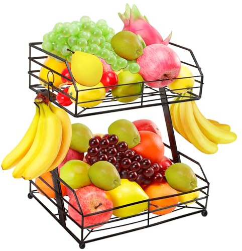 Livabber Fruit Basket for Kitchen, Metal Fruit Storage Bin with 2 Banana Hangers, Countertop Wire Basket Organizer for Vegetable Snack Potato Onion (Black)