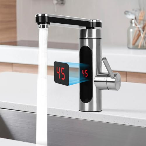 Chauffe-Eau électrique Robinet électrique Instantané en Acier Inoxydable 3 kW Avec affichage de la température LED à 360°, Robinet pour d'eau sans réservoir Cuisine et Salle de Bain