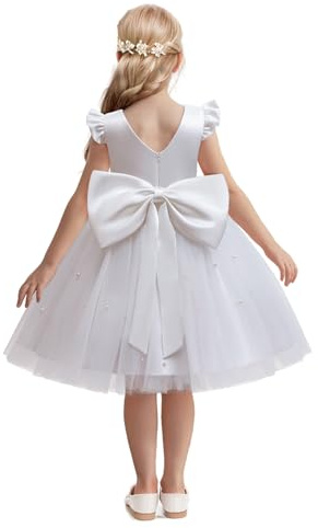NNJXD Princess Girl Birthday Party Dress Bowknot Kids Dresses Flower Wedding Gown 2070 White (7Y) 7-8 Years