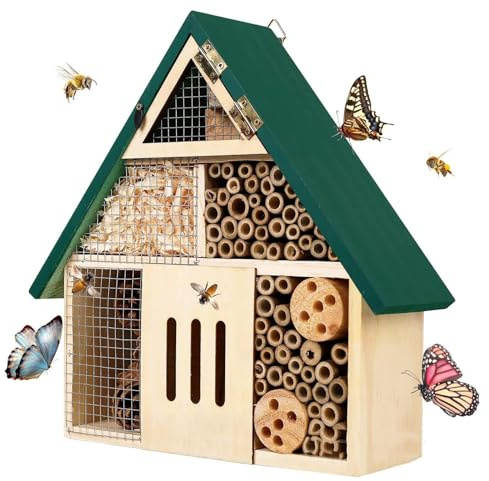 Hotel de insectos para jardín, casa de insectos de madera y metal para abejas, mariquitas, mariposas, hábitat polinizador al aire libre