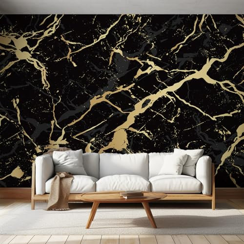 NOGAWA Papier Peint Motif Marbre, 3D Panoramique Papier Peint Doré Noir, Papier Mural Decoratif Pour Salon, Chambre, Tapisserie Murales, Décoration Murale 100x70cm