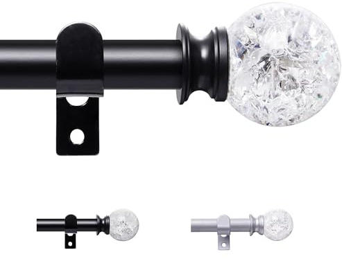 Barra de cortina de 67 – 147 cm, barras de cortina negras extensibles para cortinas con ojales, 16 mm de diámetro, barra de cortina decorativa ajustable con soportes y remates redondos de cristal