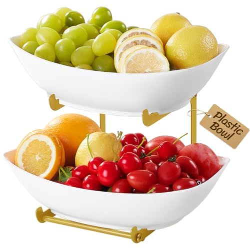 Lifewit Alzata per frutta a 2 ripiani, in plastica con ripiano in metallo nero, per snack, verdure, biscotti, dessert, accessori per feste, 28 x 23 cm, oro