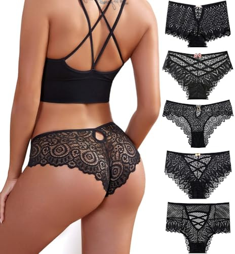 Zueauns Dentelle Culottes Femme sous Vetement Sexy sans Couture Invisible Slip Italienne Shorty Hipster Respirant Panties Lingerie Lot de 5
