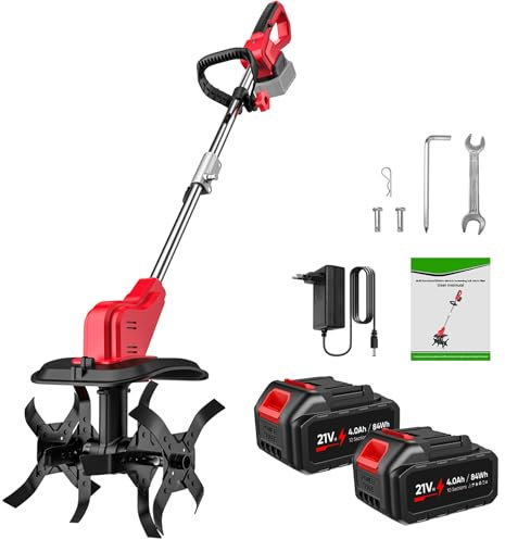 Motoazada Electrica, Motoazada de 550W con 2 Baterías, Ancho de Trabajo 30 cm, Profundidad de Trabajo 22 cm, Doble Interruptor de Seguridad,LED, 4 Cuchillas, Velocidad Máx 300 RPM