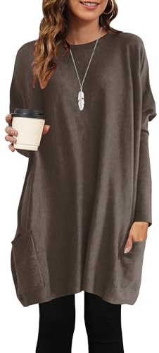 AUSELILY Maglione Donna Lungo Oversize Maglietta Donna Maniche Lunghe Leggero Pullover Girocollo Felpa T-Shirt Vestito con Tasche Marrone M