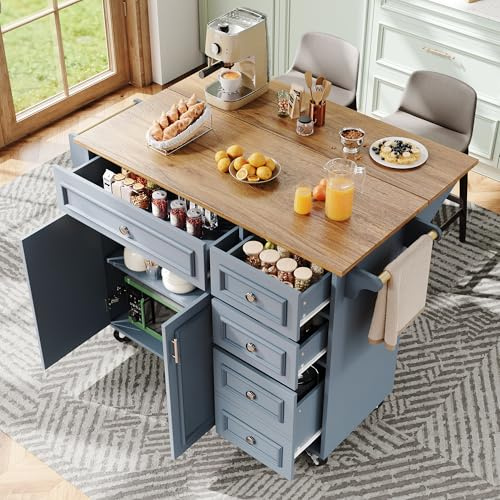 Ligterra Isola da cucina, mobili da cucina, mobile da cucina, carrello da portata rimovibile, carrello da pranzo, armadio a buffet, tavolo da pranzo multifunzione con spazio di archiviazione, blu (110