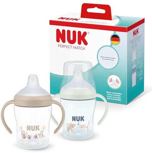NUK Perfect Match Vaso de Aprendizaje Bebe | 6+ meses | 150 ml | Vaso antiderrames para niños pequeños | Asas antideslizantes | Brilla en la oscuridad | Azul | 2 unidades