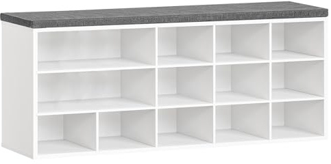 HOOBRO Banc à Chaussures, Étagère à Chaussures avec Assise, Banc de Rangement avec 15 Compartiments de Rangement, Organiseur, Assise Rembourrée, pour Couloir, Salon, Chambre, Blanc et Gris EWT68HX01