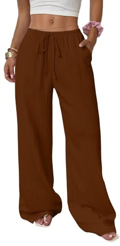 Wide Leg Pants for Women High Waisted Linen Palazzo Trousers Summer Beach Outfits Natural Bast Fiber Breathable Flowy Casual Pants with Pockets