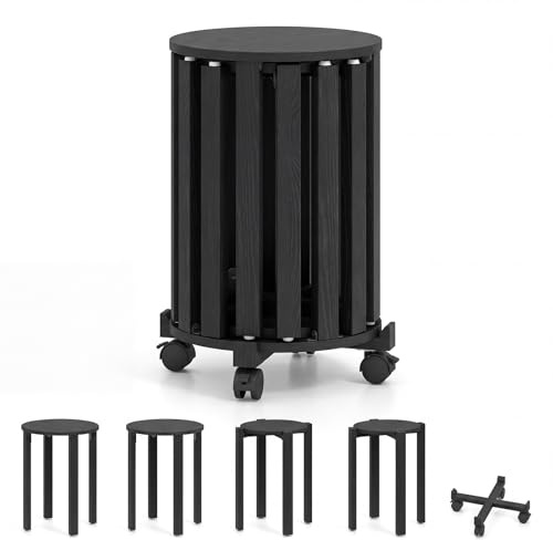 COSTWAY Set di 4 Sgabelli Impilabili 4 in 1, Sgabelli in Legno con Portavaso con Rotelle, 2 Grandi Ø36 cm e 2 Piccoli Ø35 cm, Tavolino Laterale Rotondo per Soggiorno e Camera da Letto (Nero)