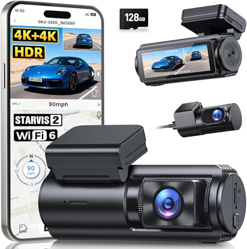 GKU 4K+4K Dash Cam Front and Rear, STARVIS 2 Sensor, 5.8GHz WiFi 6 DashCam | 128GB SD Card Included, Car Camera Dash Cam with GPS, Voice Control, Night Vision, 24H Parking Mode,G-Sensor,Loop Recording