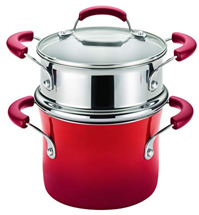 Rachael Ray Brights Sauce Pot/Saucepot with Steamer Insert, 3 Quart, Two-Tone Red