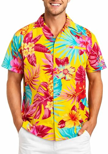 King Kameha Funky Hawaii-skjorta för män, kortärmad, frontficka, Hawaii-tryck, ananas, palmer och blommor, GUL, XXL