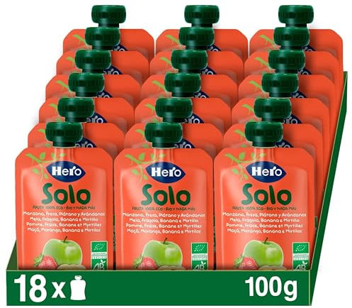 Hero Solo - Bolsitas Ecológicas de Fruta con Manzana, Fresa, Plátano y Arándanos, Sin Conservantes, Aditivos, Aceite de Palma, Gluten ni Azúcares Añadidos, A Partir de los 4 meses - Pack de 18 x 100 g