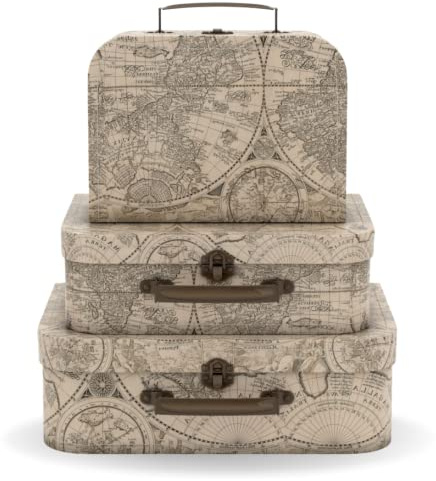 Soul & Lane Cardboard Decorative Storage Boxes with Lids: Set of 3 Travel Decor Themed Gifts, Mini Vintage Suitcases, World Travel Boxes with Map Decorations, Scrapbook Storage Boxes