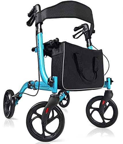 GYMAX Aluminum Walker, Foldable Four Wheels Medical Rollator with Seat & Carrying Bag, 5 Adjustable Height Folding Walking Mobility Aid Rollator for Elderly and Disabled User (Blue)