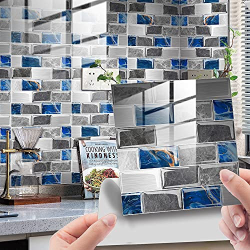 25pcs Kitchen Bathroom Wall Tile Stickers, Hiser Square Marble Mosaic Scales Style Waterproof Decals Sticker for Kitchen Living Room Bathroom Home DIY Decor Self-Adhesive (Dark gray blue,15x15cm)