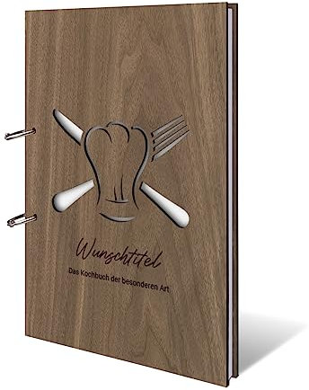 Personalisiertes Kochbuch echtes Holz DIN A4 Rezeptbuch zum selber Ausfüllen mit Lasergravur - Kochmütze - mit 72 Blatt / 144 Seiten Naturpapier Weiß