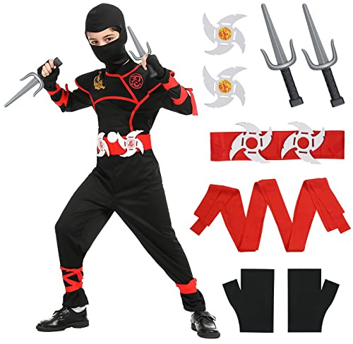 AOMIG Ninja-dräkt för barn, Lyxig Ninja Muscle-dräkt med Ninja-tillbehör, Halloween Ninja Fancy Dress-dräkt för pojkar Flickor, Ninja-rollspels-outfitset för Halloween Dress Up Party