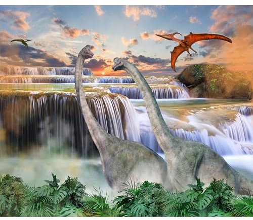 decomonkey Fototapete Dinosaurier 350x256 cm Tapete Fototapeten Vlies Tapeten Vliestapete Wandtapete Moderne Wand Wandbild Schlafzimmer Wohnzimmer Büro Flur Kinderzimmer Wasserfall Tiere Grün Blau