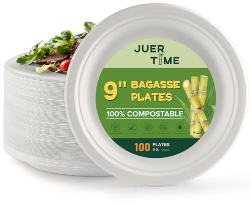 Juertime Strong Paper Plates 9 inch- 100 Pack Heavy Duty Disposable Bagasse Plates - Eco-Friendly, Compostable, Biodegradable - Perfect for Party, Picnic, BBQs