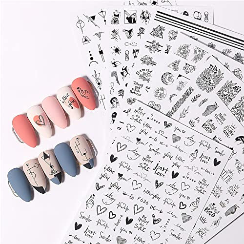 7 Blätter Nagelsticker Selbstklebend Nagelsticker Blumen Abstrakt 3D Schwarz Nagelaufkleber Nageldesign Herzform Wörter Pflanzen Nagel Sticker DIY Nail Art Zubehör Maniküre Dekoration