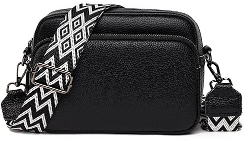 Efilra Bolso Cruzado Pequeño para Mujer, de Piel Auténtica, con Correa de Guitarra para Cámara - Negro (C-BLACK)