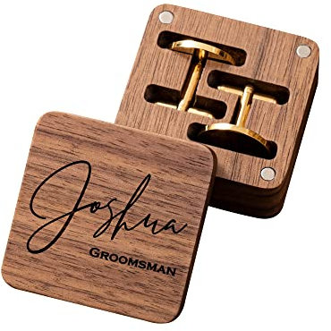 Individuelle Metall-Manschettenknöpfe für Herren, personalisierte Manschettenknöpfe mit Holzbox, Trauzeugen-Geschenke für Hochzeit, Geburtstag, Vatertag, Hochzeit, Partygeschenk (Gold)