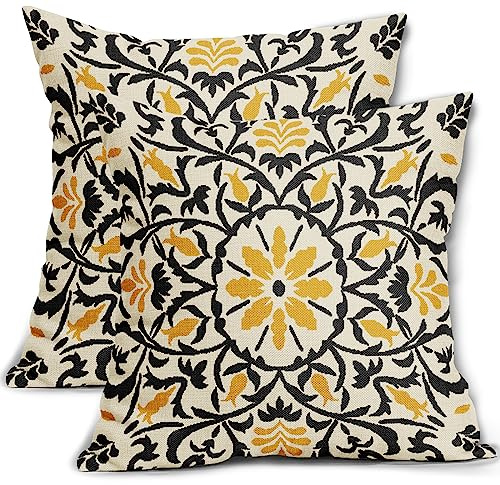 Sweetshow Black Yellow Boho Pillow Covers 18 X Inch Bohemian Ethnic Carpet Style Vintage Flower Print Decorative Throw Pillows Outdoor Linen Square Cushion Case Farmhouse Decor Set of 2