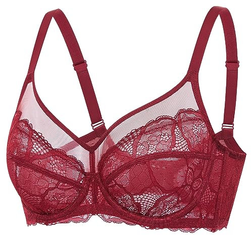 DOBREVA Women's Lace Full Coverage Minimiser Bra Unlined Underwire See Through Plus Size Bra Chinese Red 38F
