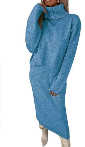 shownicer Robe en Tricot Femme Pull Ensemble 2 Pièces Haut et Midi Jupe Tricoté à Col Roulé Bodycon Automne Hiver Chandail Maxi Dress A Bleu L