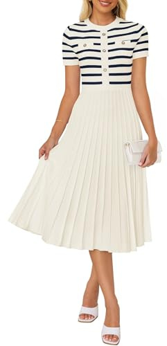 ZESICA Robe midi élégante à manches courtes et rayures, col rond, pour
