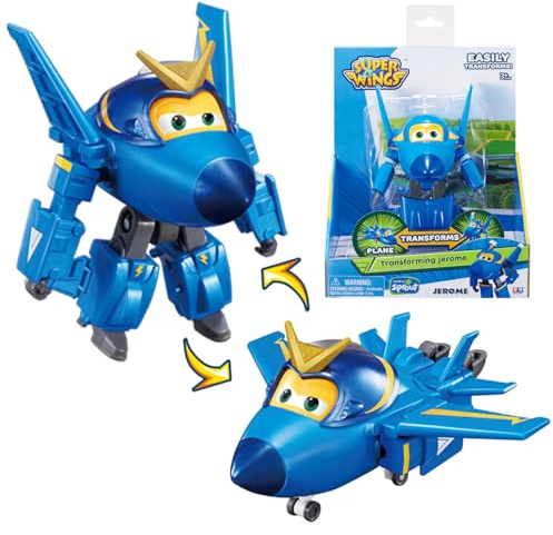 Super Wings Jerome Avion Jouet Transformable et Figurine Robot, Robot Transformable du Dessin Animé, Jouet Enfant 3 4 5 6 7 8 Ans Garcon Fille - 12 cm, Bleu