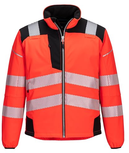 Portwest T402 Men's PW3 Hi Vis Safety Jacket - Windproof Water Resistant High Visibility Reflective Softshell Jacket Red/Black, 3X-Large