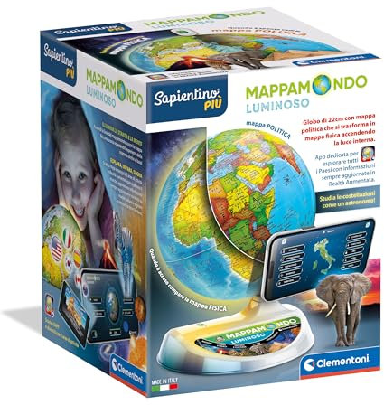 Clementoni Sapientino Più - Mappamondo Luminoso, Gioco Educativo per Bambini dai 7 Anni in su, Globo Educativo 22cm con App Dedicata in Realtà Aumentata, Made in Italy, Lingua Italiana, 16468