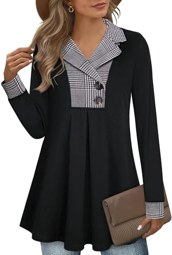 GUUKA Ladies Casual Long Sleeve V Neck Swing Tunic Tops Loose Pleated Pullover Sweatshirt Longline Autumn Jumpers Sweater For Women UK(Black White,XL)