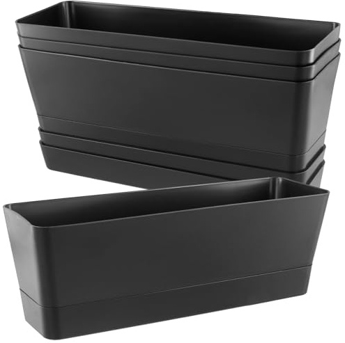 KOHAND 4 Macetas Rectangulares para Ventana 12 x 3.8 x 3.35 Pulgadas con Bandeja, Caja de Plantas Negra para Suculentas Hierbas Verduras, Interior Exterior Alféizar Cocina Estante