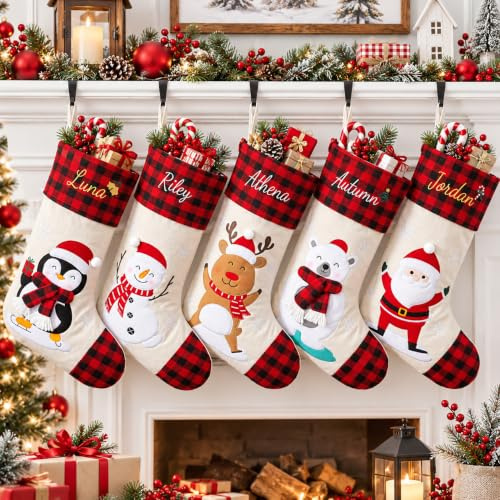 Infiher Personalized Christmas Stockings with Embroidered Name & Monogram,Custom 3D Xmas Character Stocking 1 Pack 18” Large,Santa,Snowman & Reindeer Fireplace Hanging Red Burlap Plaid Stockings(D)