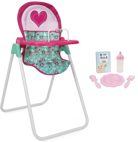 509 Crew: Mint Heart - Foodie Doll Highchair - Pink & Green, Feeding Accessory, Food Box-Plate-Fork-Spoon-Bottle, Adjustable, Pretend Play Toy, Kid 3+