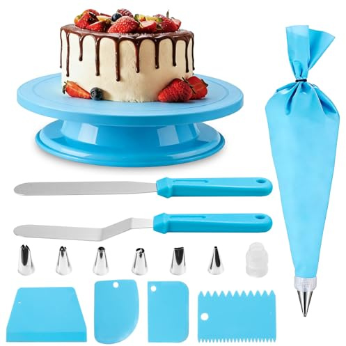 JUYUANXIN 1 Plato Giratorio para Tartas, Plato Giratorio Decoración Pasteles, decoración pastel kit, accesorios para tartas, con 2 espátulas 6, 4 raspadores, 8 mangas pasteleras con boquillas (azul)