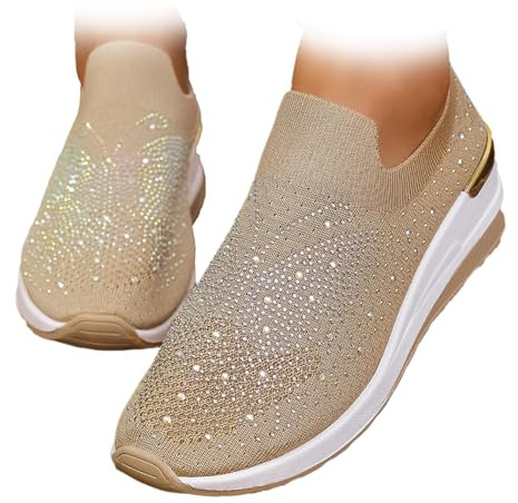 Kvinnors andningsbara nät strass sneakers casual slip-on bling tennisskor glittrande bågstöd uppklädd kil sneaker