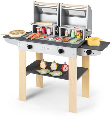 HOMASIS Barbecue Giocattolo in Legno con 2 Griglie e Coperchi con Chiusura a Scatto, finestre trasparenti, Manopole Rotanti, Giocattolo di Imitazione per Bambini da 3 Anni in su